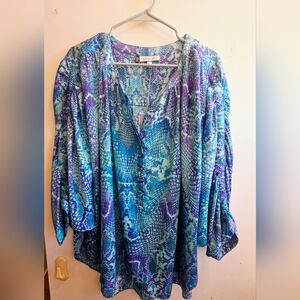 NWT Jennifer Lopez Blue & Purple Silky Venetian Escape Women's Top Sz 2X